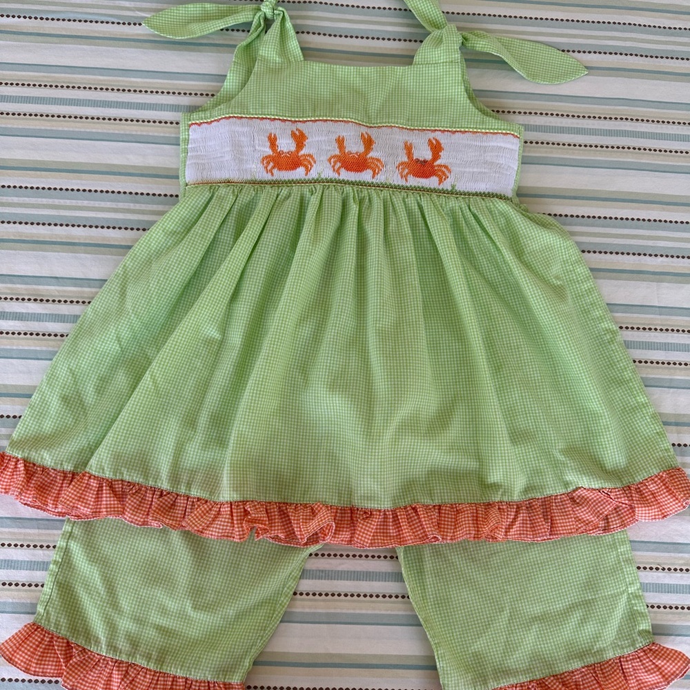 Gingham Green and Orange Smocked Crab Embroidered Outfit Size 5